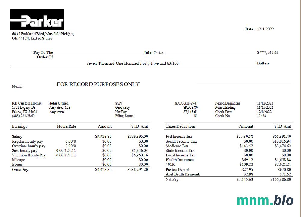 USA Parker Hannifin engineering company pay stub